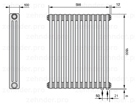 Схема (чертеж) Радиатор Zehnder Charleston 3180/13 №5510 Белый глянцевый RAL 9016